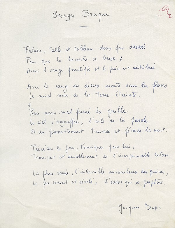 DUPIN Jacques Georges Braque poème autographe signé