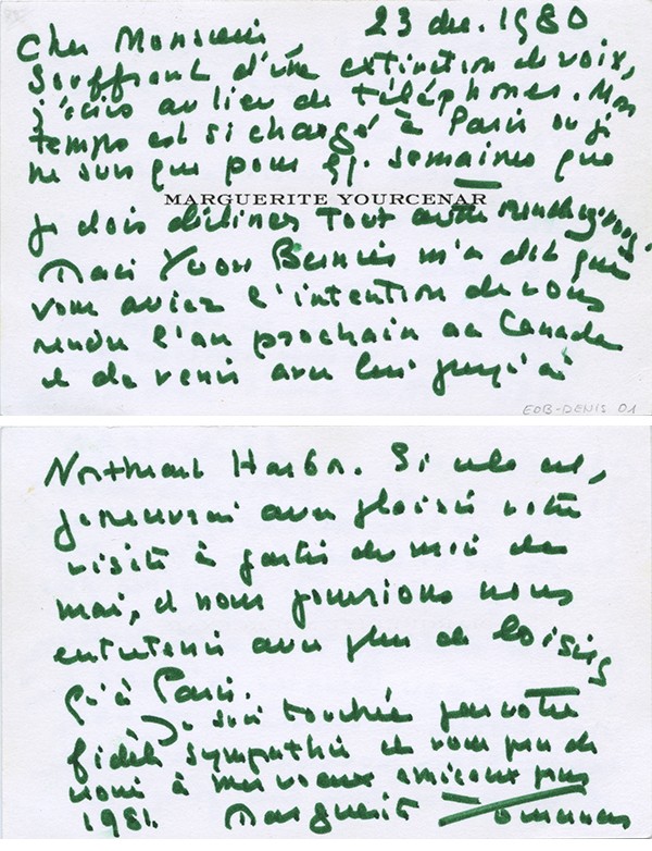 YOURCENAR Marguerite lettre autographe signée à Alain Denis Christophe 23 décembre 1980 invitation à Petite Plaisance Maine