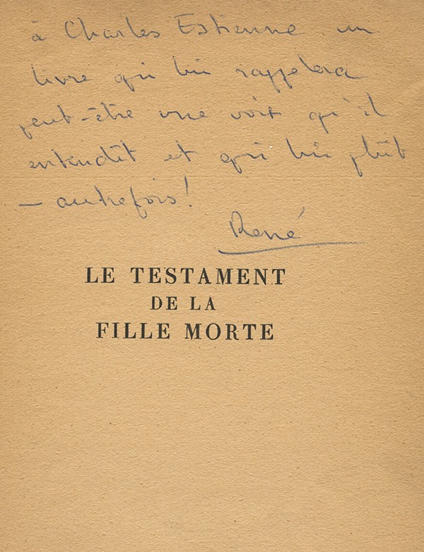 THOMAS Colette RENÉ Le Testament de la fille morte Gallimard 1954 édition originale envoi autographe signé Charles Estienne