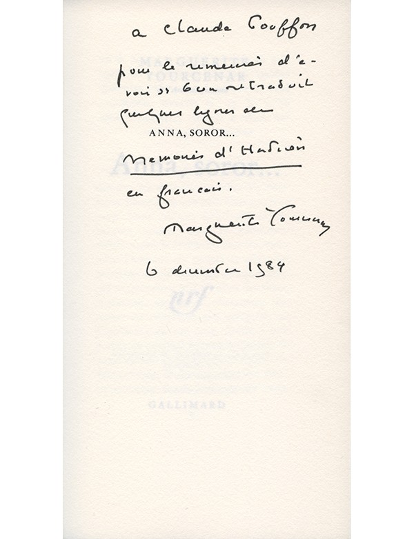 YOURCENAR Marguerite Anna, soror... Gallimard 1981 édition originale envoi autographe signé à Claude Couffon