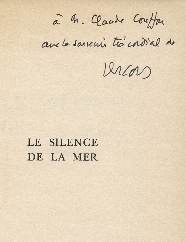 VERCORS Le Silence de la mer Éditions de Minuit 1947 envoi autographe signé à Claude Couffon