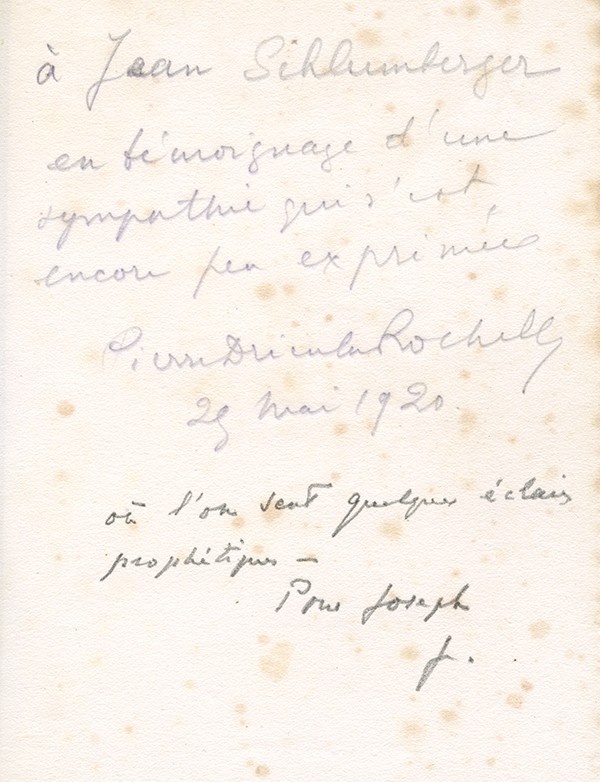 DRIEU LA ROCHELLE Pierre Fond de cantine Nouvelle Revue Française 1920 édition originale vélin pur fil envoi à Schlumberger