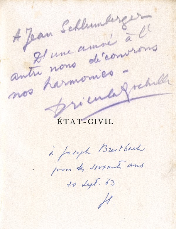 DRIEU LA ROCHELLE Pierre État-civil Nouvelle Revue Française 1921 édition originale vélin pur fil envoi autographe signé à Jean 