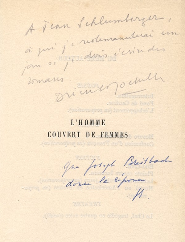 DRIEU LA ROCHELLE Pierre L’Homme couvert de femmes Nouvelle Revue Française 1925 édition originale envoi à Jean Schlumberger