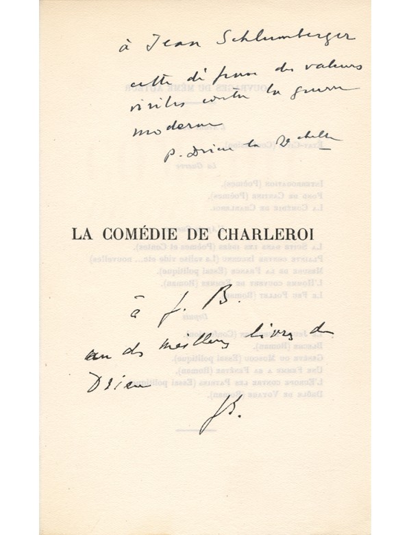 DRIEU LA ROCHELLE Pierre La Comédie de Charleroi Gallimard 1934 édition originale vélin pur fil envoi à Jean Schlumberger