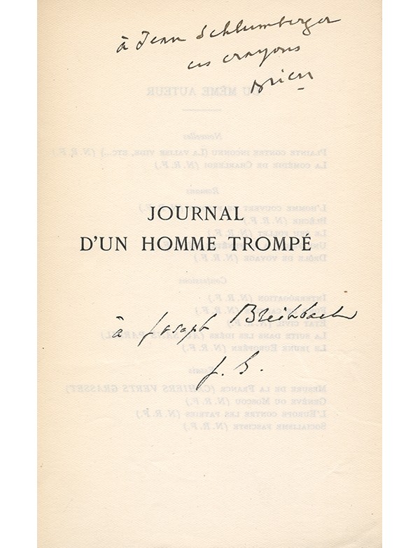 DRIEU LA ROCHELLE Pierre Journal d’un homme trompé Gallimard 1934 édition originale vélin pur fil envoi à Jean Schlumberger 