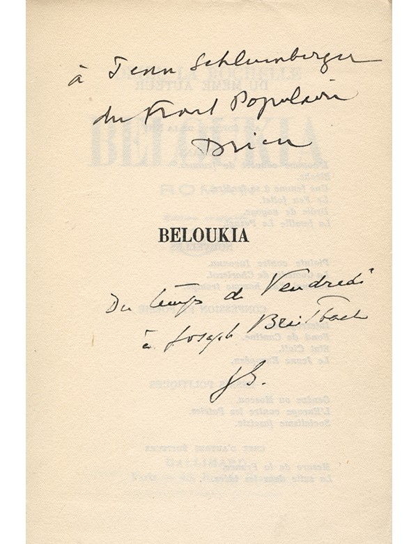 DRIEU LA ROCHELLE Pierre Beloukia Gallimard 1934 édition originale vélin pur fil envoi autographe signé à Jean Schlumberger