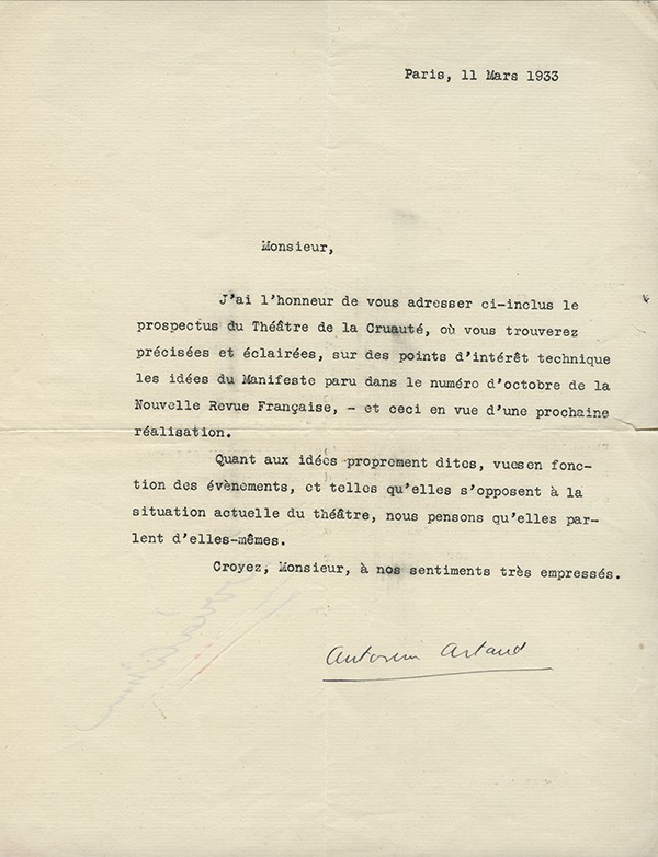 ARTAUD Antonin Le Théâtre de la cruauté Bernard Steele 1933 édition originale lettre tapuscrite signée