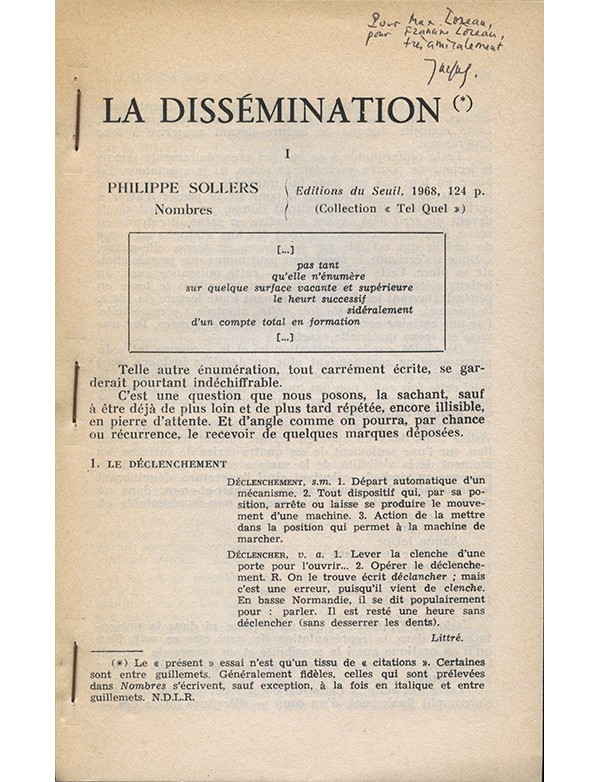 DERRIDA Jacques La Dissémination Critique 1969 édition originale tiré à part envoi autographe signé à Max Loreau