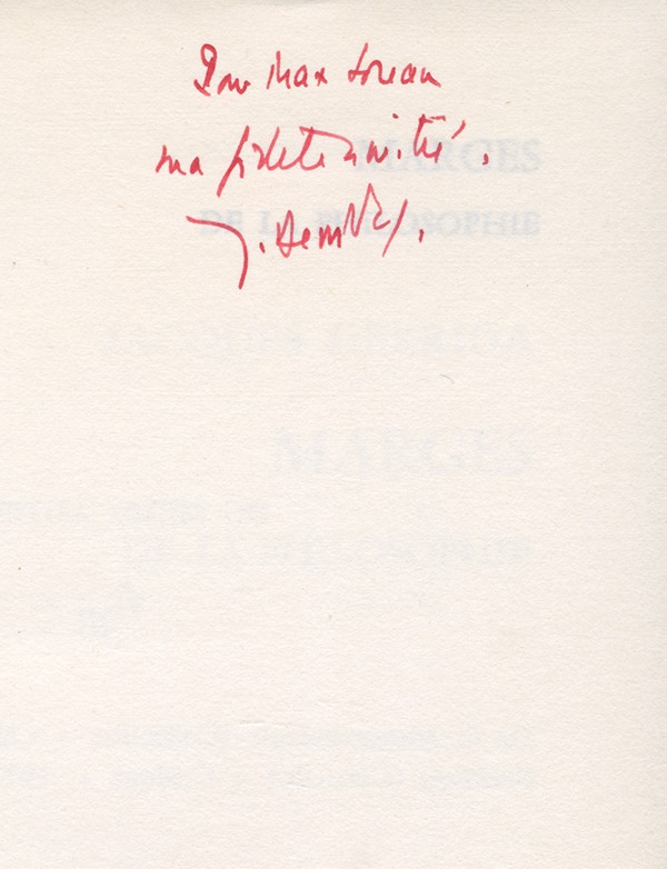 DERRIDA Jacques Marges de la philosophie Éditions de Minuit Critique 1972 édition originale envoi autographe signé à Max Loreau